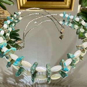 Vintage Sterling Turquoise Nugget MOP Silver Beaded Necklace Southwestern Tribal